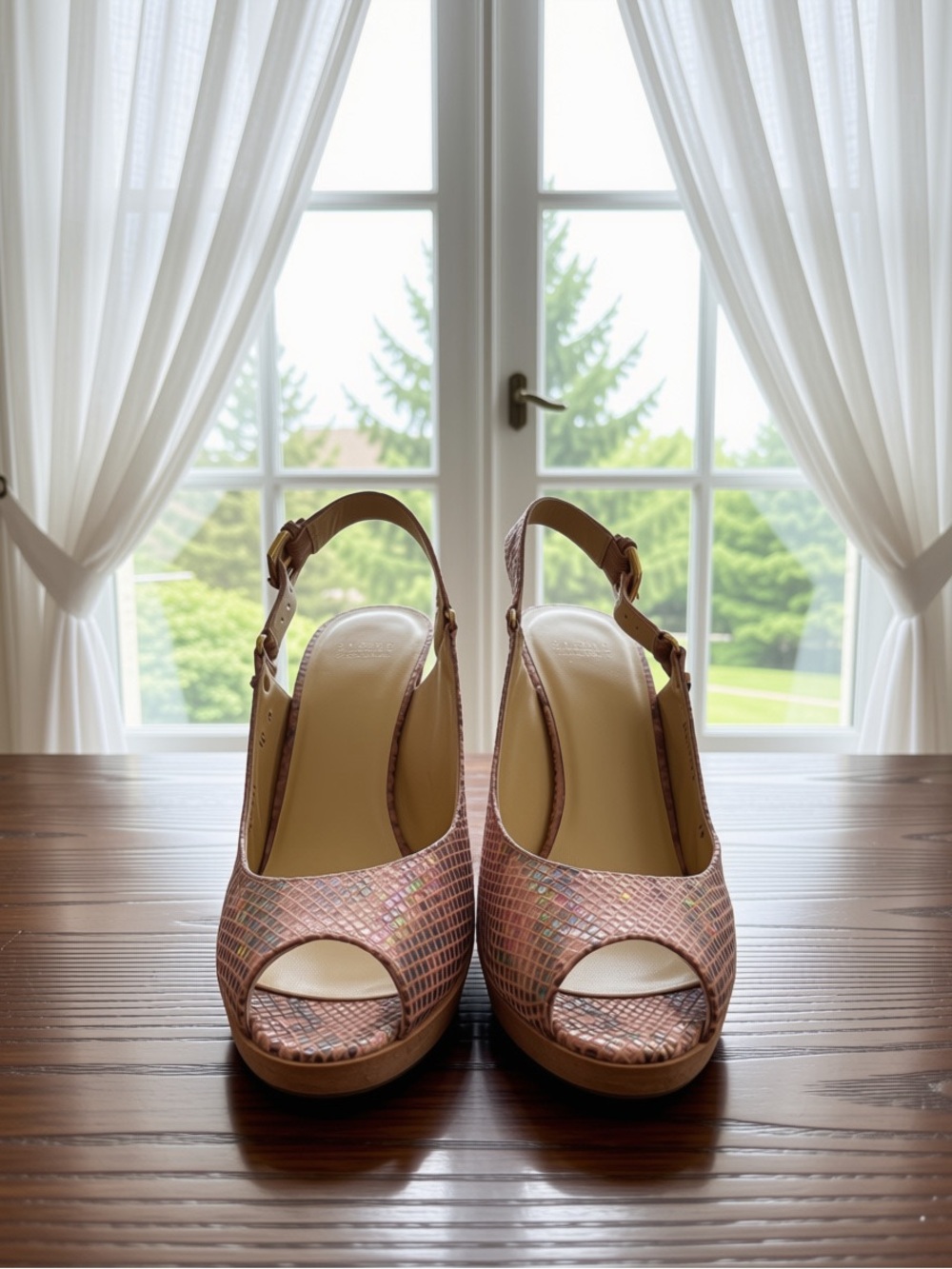 Stuart Weitzman Iridescent Pink Peep-Toe Slingback heel